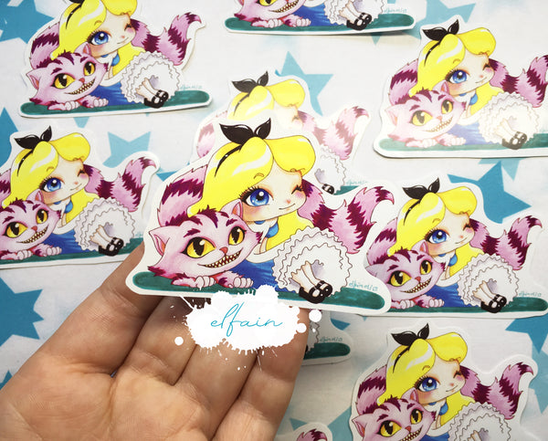 Pegatina papel sticker Alicia y Cheshire